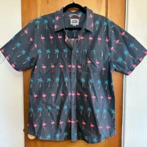 party pants palm tree flamingo tropical printed button up short sleeve shirt